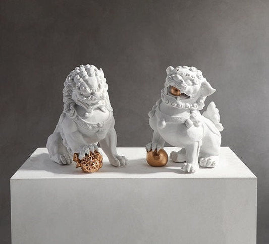 Auspicious White Color Foo Dogs Guardian Lion Sculpture & Statue | Fengshui | Home Decor | Office Blessing | Chinese architectural