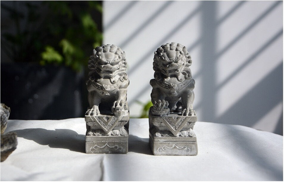 Mini Auspicious Cement Foo Dogs Guardian Lion Sculpture & Statue | Fengshui | Home Decor | Office Blessing | Chinese architectural