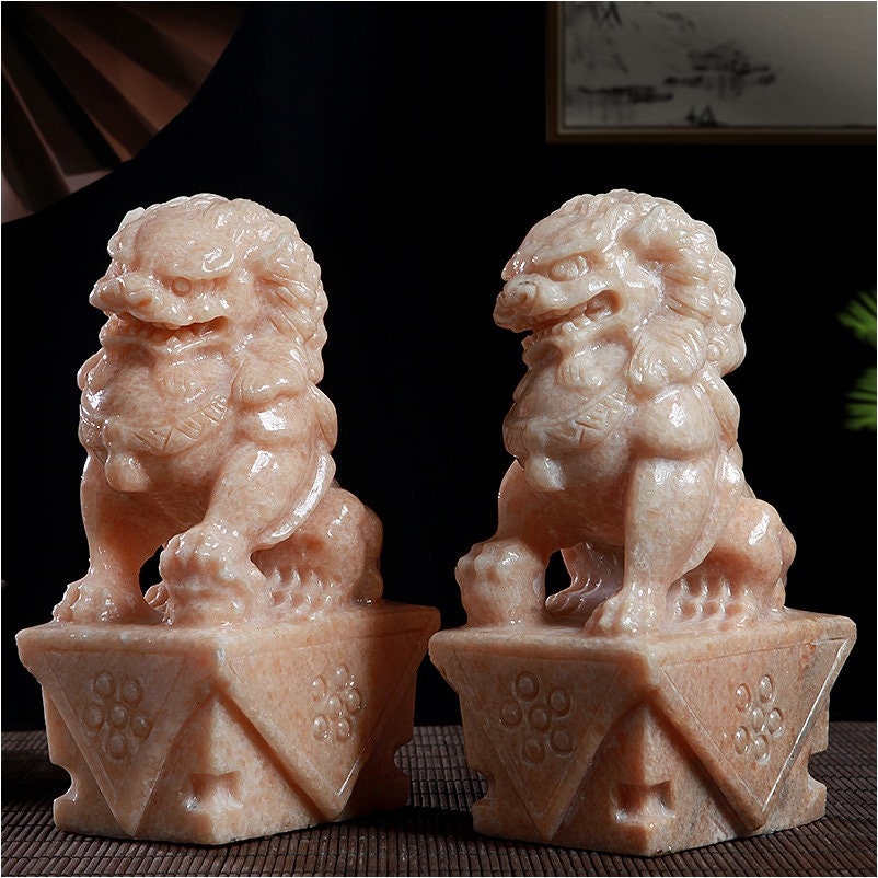 Auspicious Stone Made Foo Dogs Guardian Lion Sculpture & Statue | Fengshui | Home Decor | Office Blessing | Chinese architectural