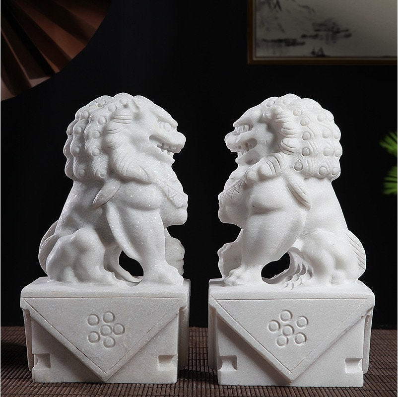 Auspicious Stone Made Foo Dogs Guardian Lion Sculpture & Statue | Fengshui | Home Decor | Office Blessing | Chinese architectural