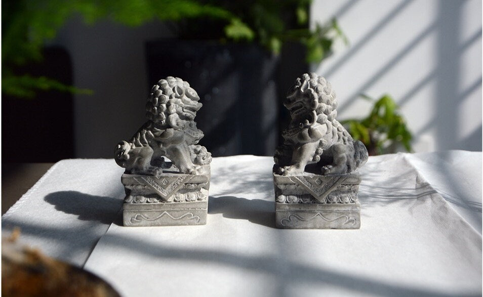 Mini Auspicious Cement Foo Dogs Guardian Lion Sculpture & Statue | Fengshui | Home Decor | Office Blessing | Chinese architectural