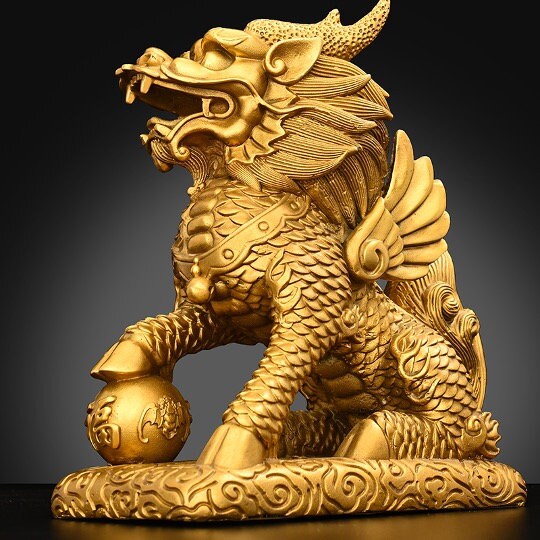 Auspicious Brass Kirin Dragon Sculpture & Statue | Fengshui | Good Fortune and Prosperity | Home Decor | Office Blessing