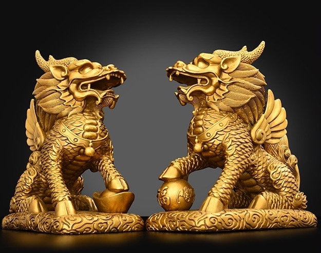 Auspicious Brass Kirin Dragon Sculpture & Statue | Fengshui | Good Fortune and Prosperity | Home Decor | Office Blessing