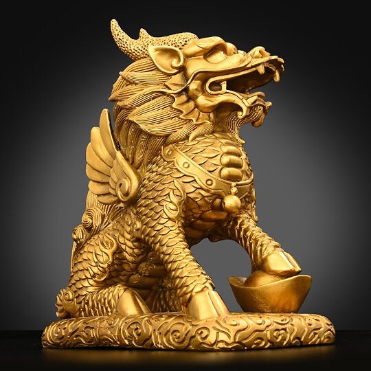 Auspicious Brass Kirin Dragon Sculpture & Statue | Fengshui | Good Fortune and Prosperity | Home Decor | Office Blessing