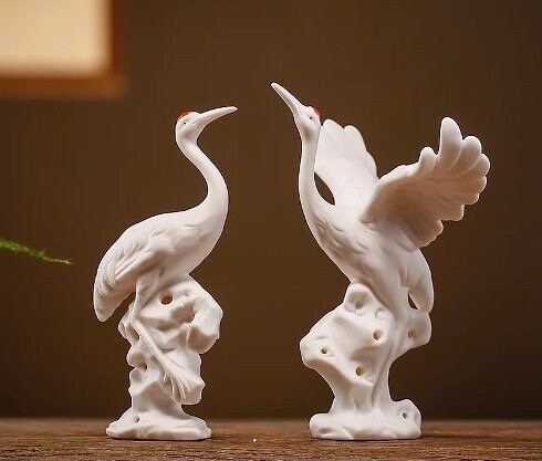 Auspicious Ceramic Crane Bird Sculpture & Statue | Fengshui | Home Decor | Office Blessing | Longevity