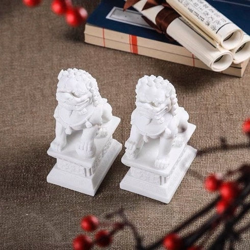 Auspicious White Color Foo Dogs Guardian Lion Sculpture & Statue | Fengshui | Home Decor | Office Blessing | Chinese architectural culture