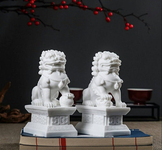 Auspicious White Color Foo Dogs Guardian Lion Sculpture & Statue | Fengshui | Home Decor | Office Blessing | Chinese architectural culture