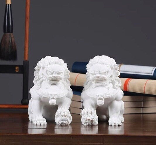 Pair of Auspicious White Color Foo Dogs Guardian Lion Sculpture & Statue | Fengshui | Home Decor | Office Blessing | Chinese architectural