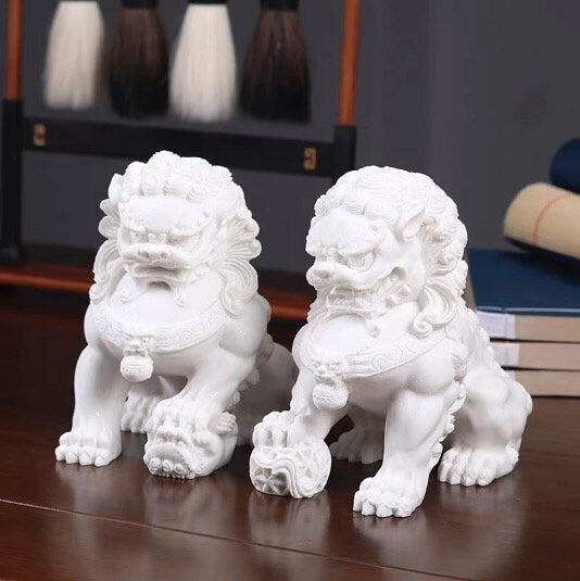 Pair of Auspicious White Color Foo Dogs Guardian Lion Sculpture & Statue | Fengshui | Home Decor | Office Blessing | Chinese architectural