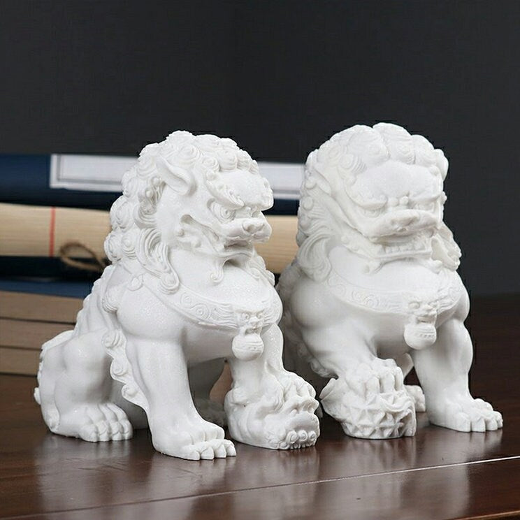 Pair of Auspicious White Color Foo Dogs Guardian Lion Sculpture & Statue | Fengshui | Home Decor | Office Blessing | Chinese architectural