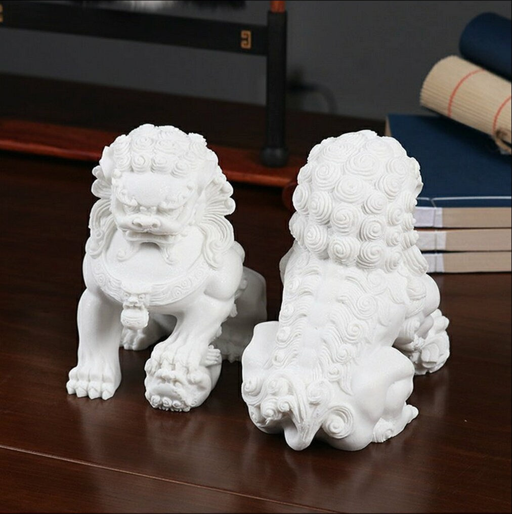 Pair of Auspicious White Color Foo Dogs Guardian Lion Sculpture & Statue | Fengshui | Home Decor | Office Blessing | Chinese architectural