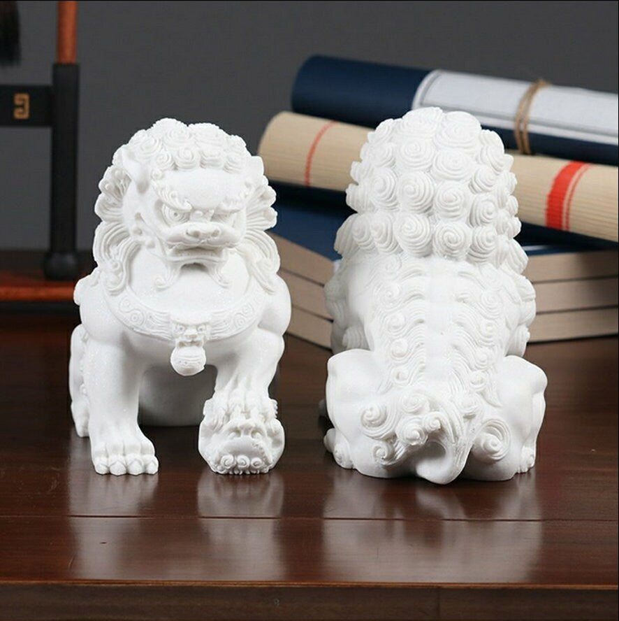 Pair of Auspicious White Color Foo Dogs Guardian Lion Sculpture & Statue | Fengshui | Home Decor | Office Blessing | Chinese architectural
