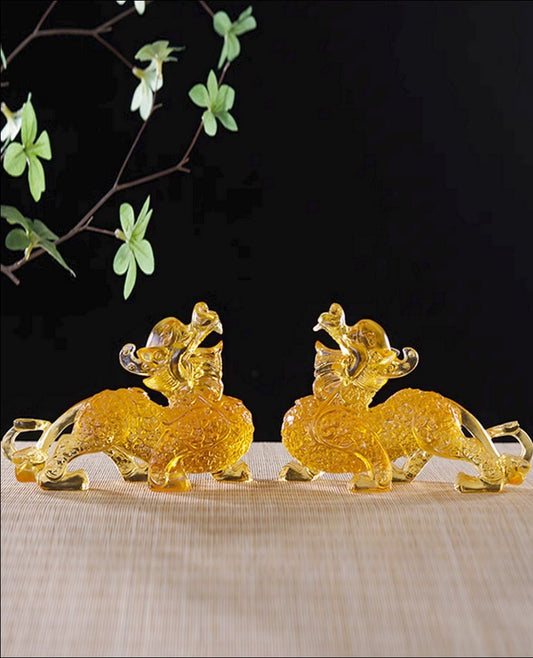 Auspicious Liu Li Glass Amber Color Pi Xiu Sculpture & Statue | Fengshui | Good Fortune and Prosperity | Home Decor | Office Blessing