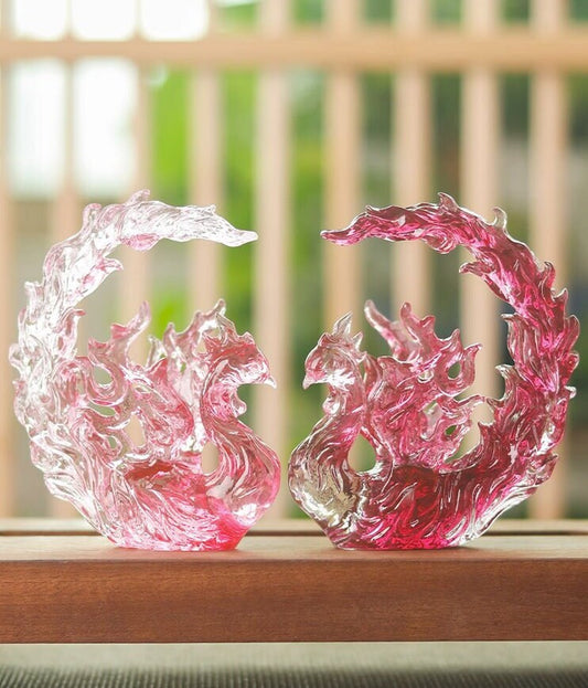 Auspicious Liu Li Glass Phoenix Sculpture & Statue | Fengshui | Home Decor | Office Blessing | Chinese Culture