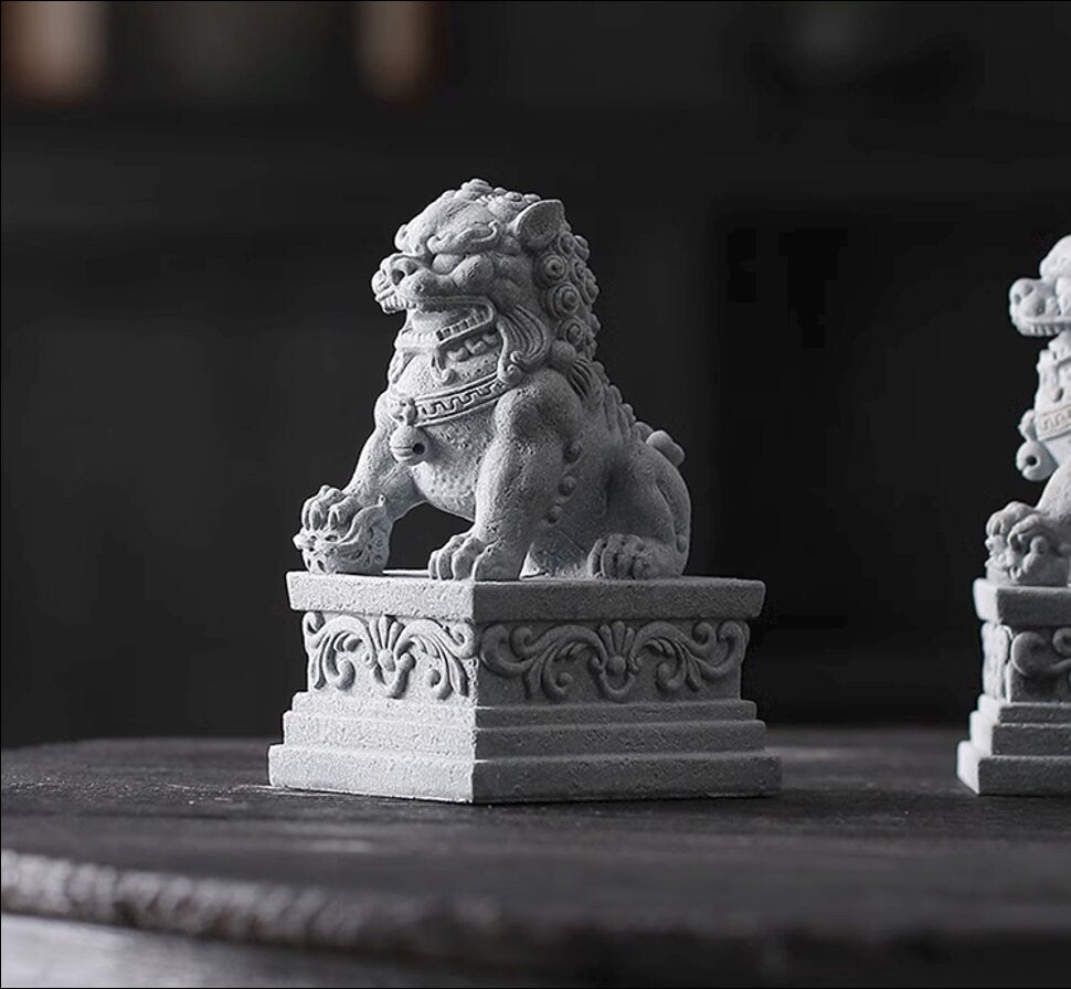 Auspicious Sandstone Foo Dogs Guardian Lion Sculpture & Statue | Fengshui | Home Decor | Office Blessing | Chinese architectural