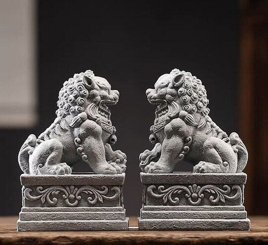 Auspicious Sandstone Foo Dogs Guardian Lion Sculpture & Statue | Fengshui | Home Decor | Office Blessing | Chinese architectural