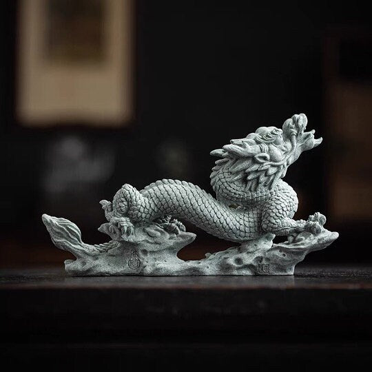 Green Sandstone Dragon Sculpture & Statue | Fengshui | Good Fortune and Prosperity | Home and Office Display