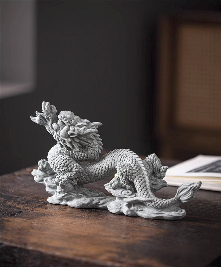 Green Sandstone Dragon Sculpture & Statue | Fengshui | Good Fortune and Prosperity | Home and Office Display