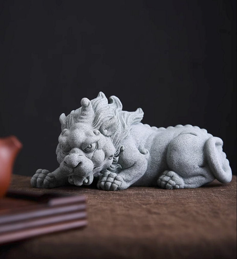 Auspicious Sand Stone Pi Xiu Sculpture & Statue | Fengshui | Good Fortune and Prosperity | Home Decor | Office Blessing