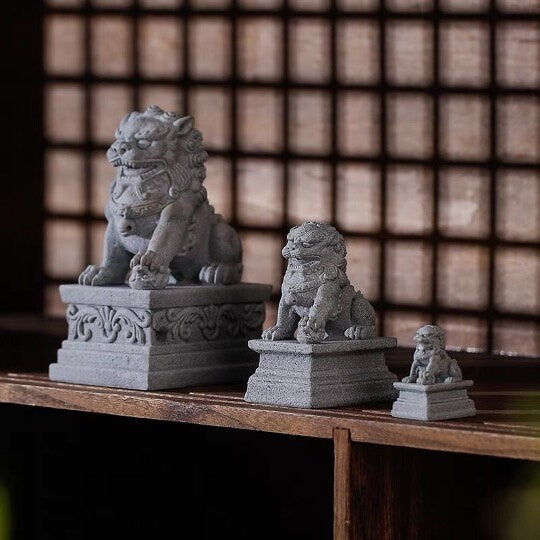 Auspicious Sandstone Foo Dogs Guardian Lion Sculpture & Statue | Fengshui | Home Decor | Office Blessing | Chinese architectural