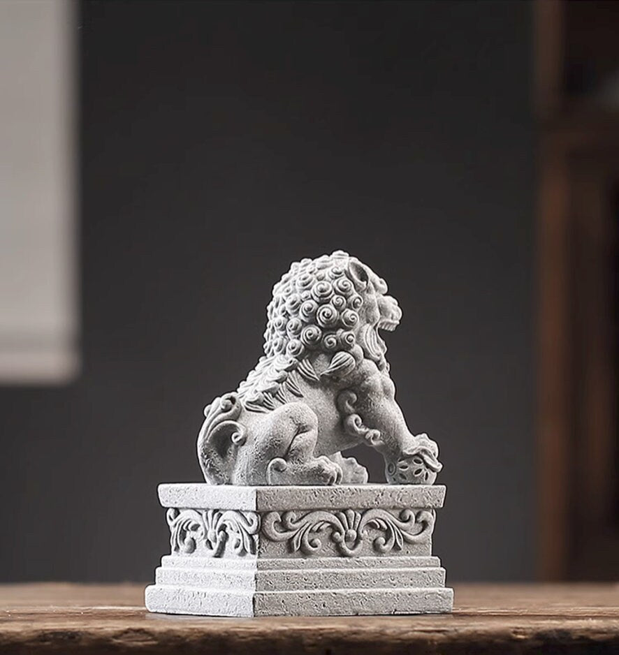 Auspicious Sandstone Foo Dogs Guardian Lion Sculpture & Statue | Fengshui | Home Decor | Office Blessing | Chinese architectural
