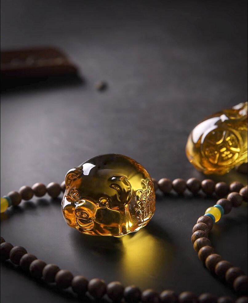 Auspicious Zodiac Glass Ox and Pig Sculpture & Statue | Fengshui | Good Fortune and Prosperity | Home Decor | Office Blessing