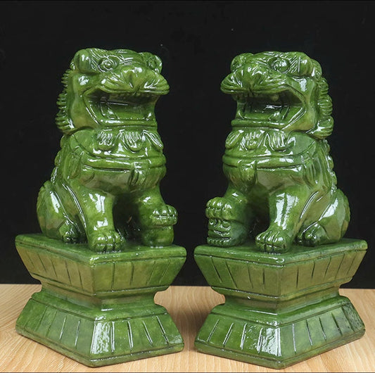 Auspicious Green Color Foo Dogs Guardian Lion Sculpture & Statue | Fengshui | Home Decor | Office Blessing | Chinese architectural