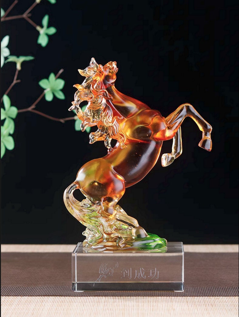 Auspicious Liu Li Glass Horse Sculpture & Statue | Fengshui | Home Decor | Office Blessing | Gift for Business