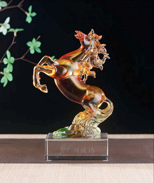 Auspicious Liu Li Glass Horse Sculpture & Statue | Fengshui | Home Decor | Office Blessing | Gift for Business