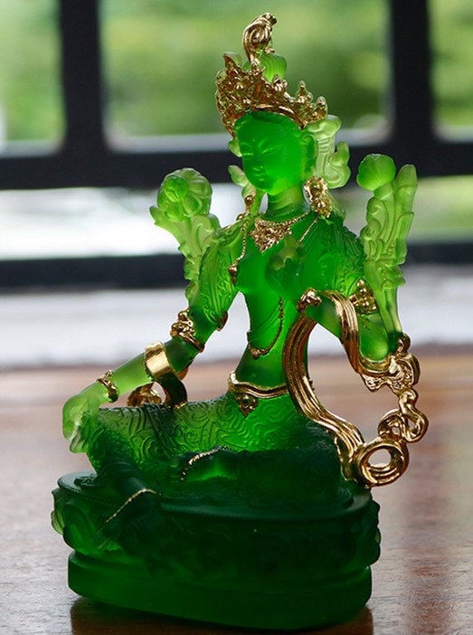 Liu Li Green Tara Buddha Statue with Gold Coating | Gift for him or her | Liu li Glass Sculputre Ornaments | Religion