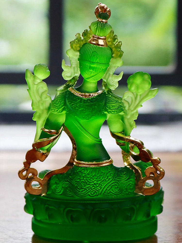 Liu Li Green Tara Buddha Statue with Gold Coating | Gift for him or her | Liu li Glass Sculputre Ornaments | Religion