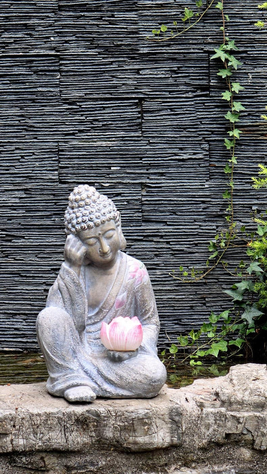 Handmade Resting Buddha Statue with Lotus Decoration Ornament | Outdoor Garden | House Warming Gift | Solar Energy