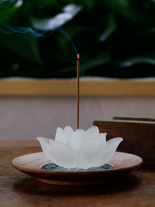 Meditation Liu Li Glass Lotus Incense Stick Holder with Handpainting Wooden Tray | Serenity Tranquility Calmness | Spirituality & Religion