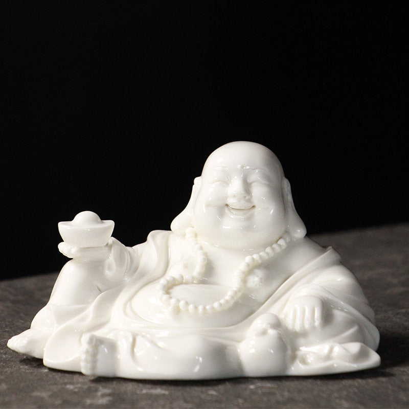 Handmade Ceramic White Laughing Budda Statue Ornamanet | Spiritual Religion | Gifting for him or her | Good luck and Happiness