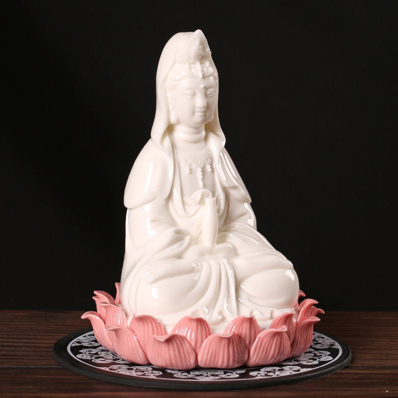 Handmade Guan Yin Buddha Statue with Pink Lotus | Spiritual Religion | Gifting for him or her | Goddess of Compassion