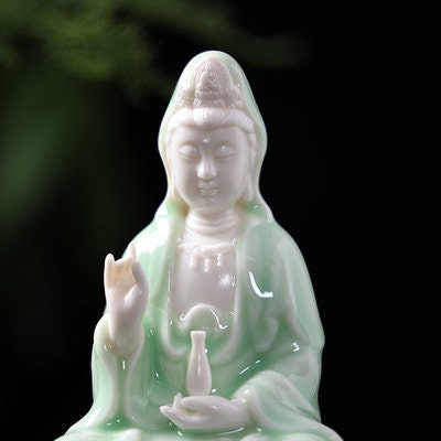 Meditation Handmade Jade Color Guan Yin Statue and Ornament | Gifting for him or her | Home Decoration | Buddha Statue