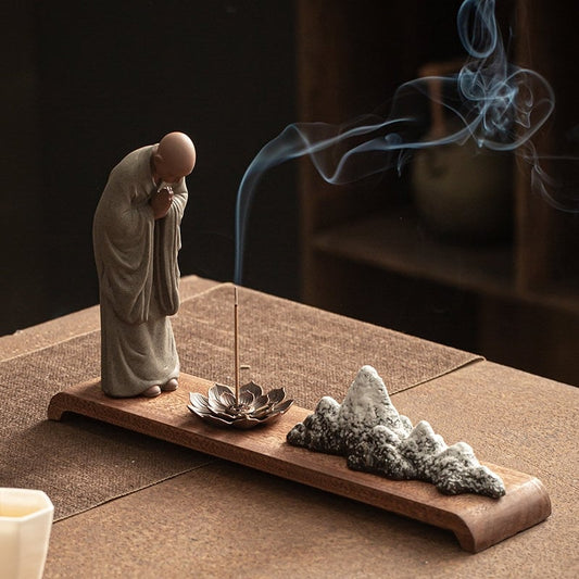Monk Praying Meditation Lotus Incense Stick Holder | Peace Serenity Tranquility Calmness | Home Decoration | Office Ornaments