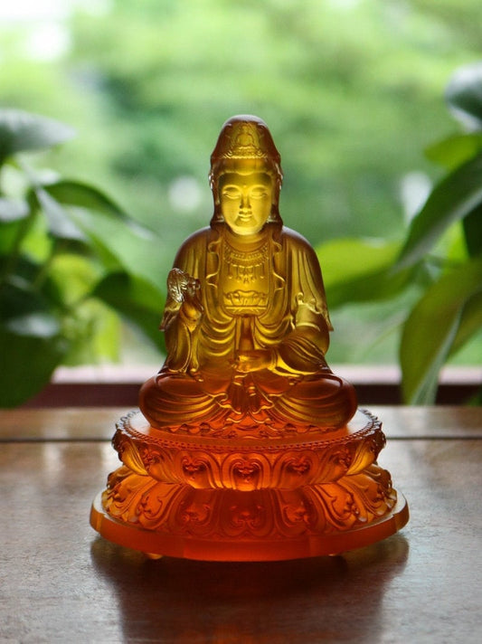 Liu Li Guan Yin Statue Ornament | Spiritual Religion | Gifting for him or her | Goddess of Compassion | Buddha Decoration | Orange Crystal