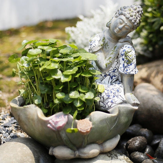 Handmade Resting Buddha Statue and Large Planter Decoration | Outdoor Garden Ornament  | Spiritual and Religion | Meditation