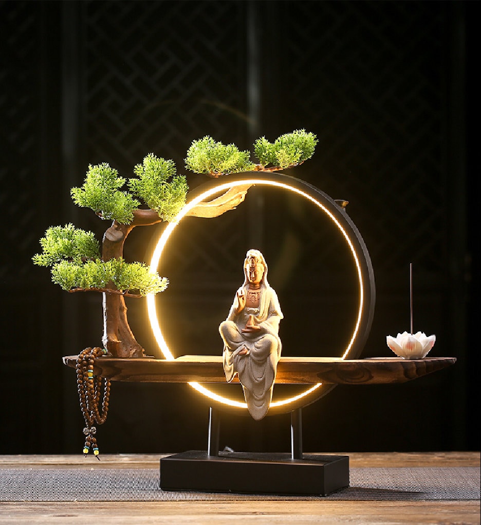 Porcelain Guan Yin Statue Decorative Set with LED light | Buddha Statue | Kuan Yin Quan Yin | Meditation | Home Decoration | Incense Burner