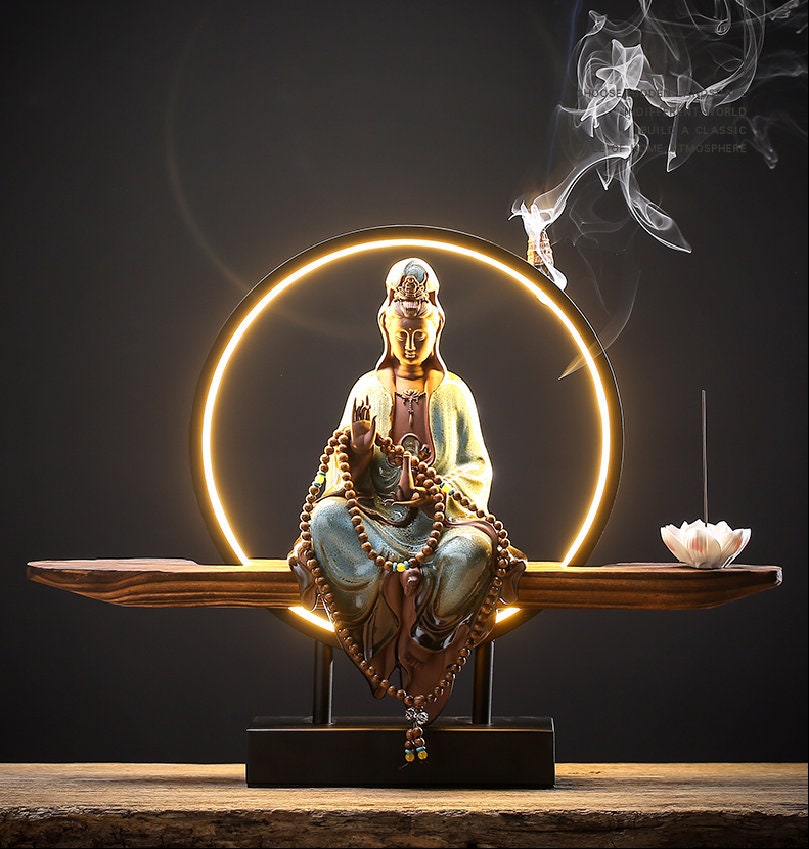 Porcelain Guan Yin Statue Decorative Set with LED light | Buddha Statue | Kuan Yin Quan Yin | Meditation | Home Decoration | Incense Burner