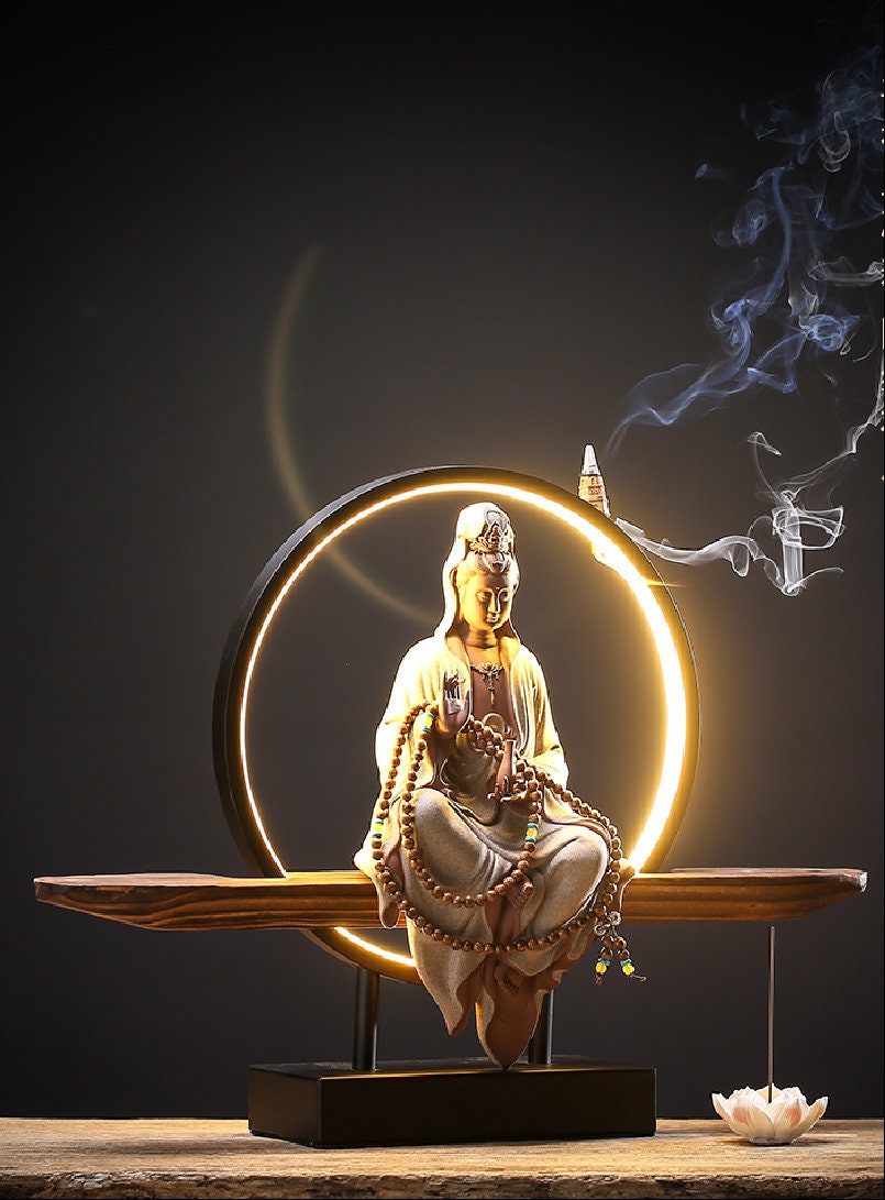 Porcelain Guan Yin Statue Decorative Set with LED light | Buddha Statue | Kuan Yin Quan Yin | Meditation | Home Decoration | Incense Burner