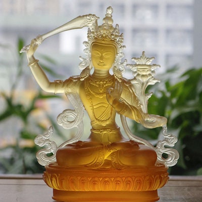 Liu Li Manjushri Buddha Statue | Gift for him or her | Liu li Glass Sculputre Ornaments | Religion | Tibetan Buddhist