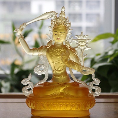 Liu Li Manjushri Buddha Statue | Gift for him or her | Liu li Glass Sculputre Ornaments | Religion | Tibetan Buddhist