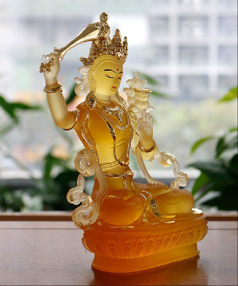 Liu Li Manjushri Buddha Statue | Gift for him or her | Liu li Glass Sculputre Ornaments | Religion | Tibetan Buddhist