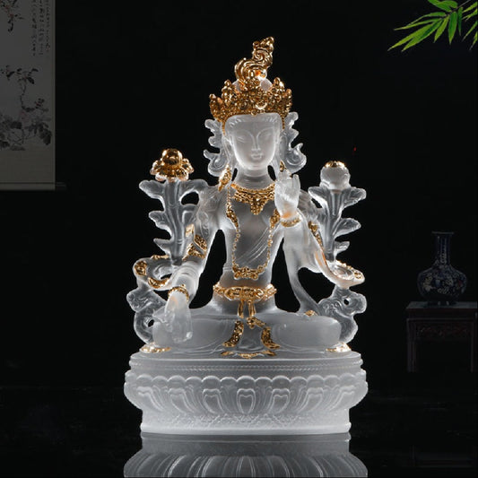 Liu Li White Tara Buddha Statue with Gold Coating | Gift for him or her | Liu li Glass Sculputre Ornaments | Religion