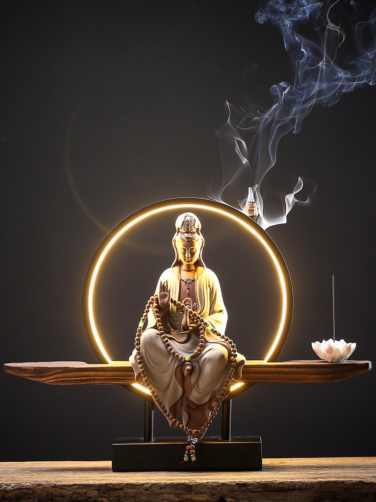 Porcelain Guan Yin Statue Decorative Set with LED light | Buddha Statue | Kuan Yin Quan Yin | Meditation | Home Decoration | Incense Burner