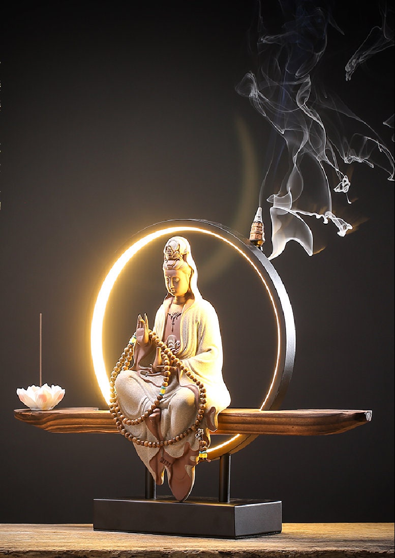 Porcelain Guan Yin Statue Decorative Set with LED light | Buddha Statue | Kuan Yin Quan Yin | Meditation | Home Decoration | Incense Burner