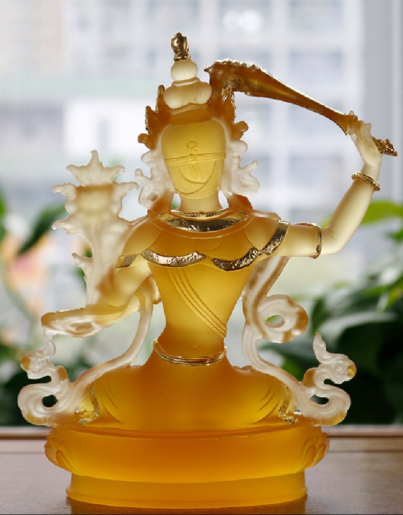 Liu Li Manjushri Buddha Statue | Gift for him or her | Liu li Glass Sculputre Ornaments | Religion | Tibetan Buddhist