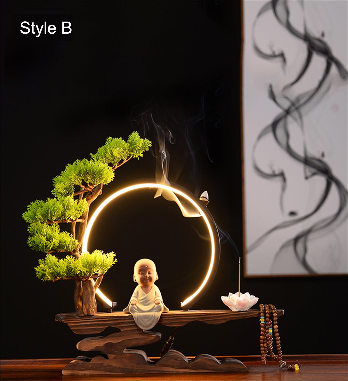 Ceramic Little Monk Decorative Set with LED light and Incense Burner | Buddha Statue | Meditation | Home Decoration | Buddha Decoration